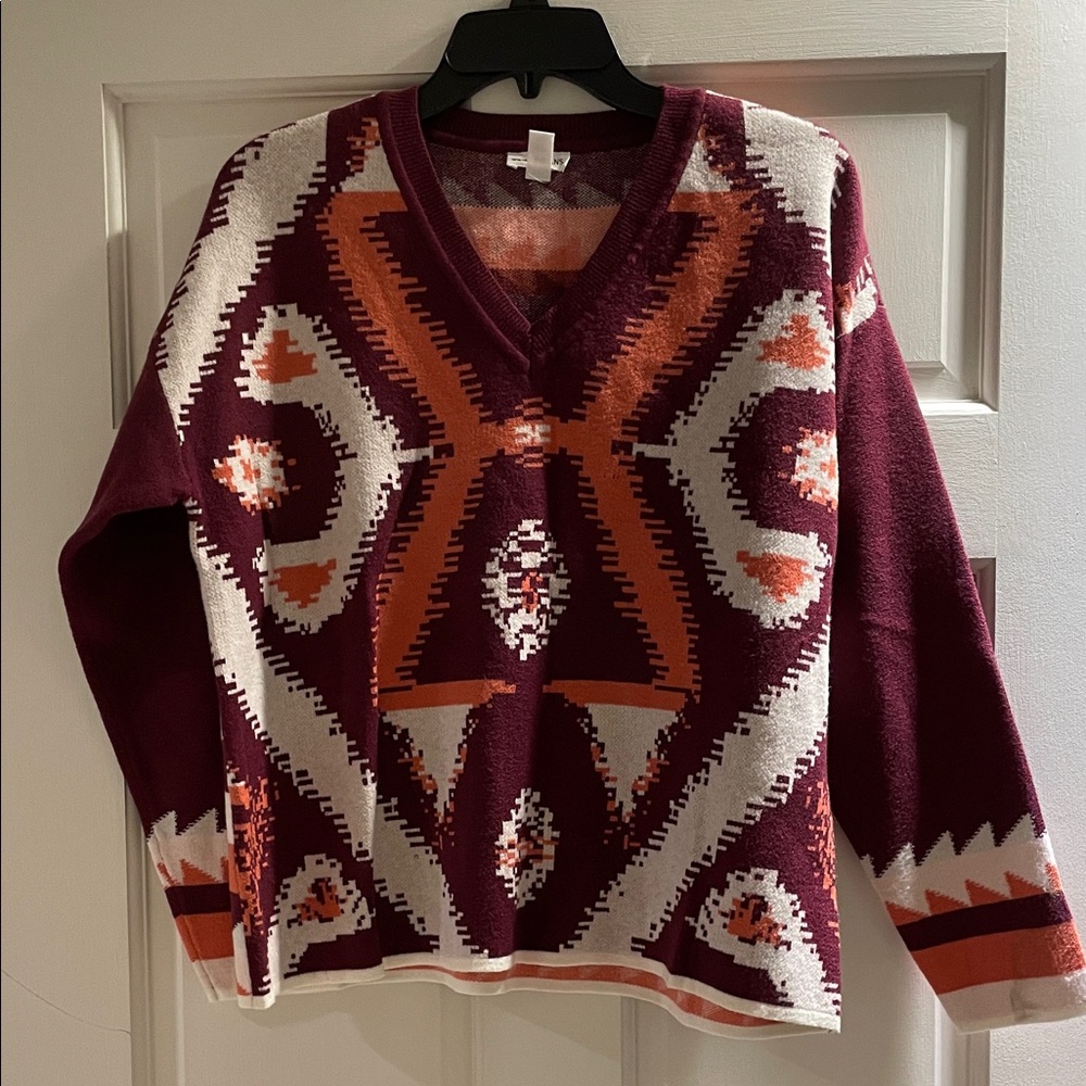 Tribal Geometric Patterned V-Neck Sweater